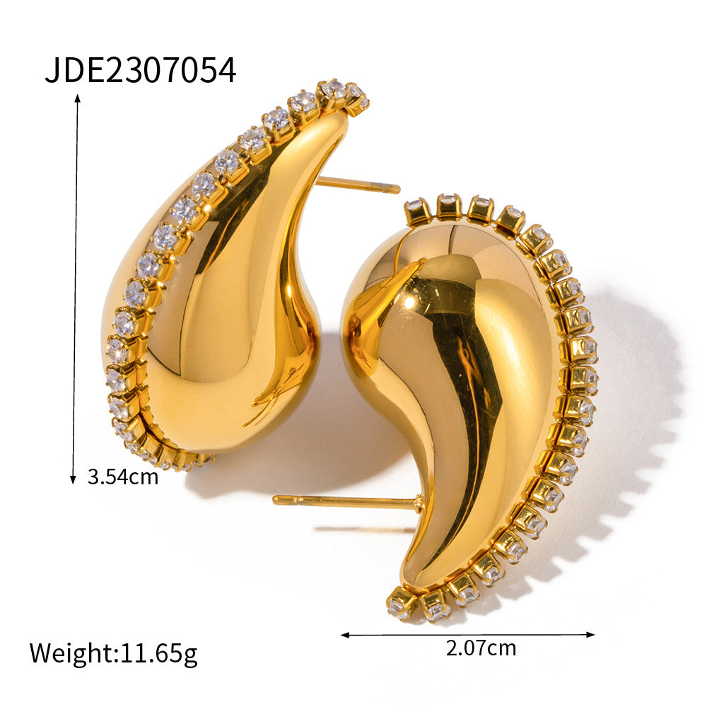 Pendientes de Mujer de Acero Inoxidable con Zirconia y Baño de Oro de 18K, Diseño Geométrico de Gota de Agua