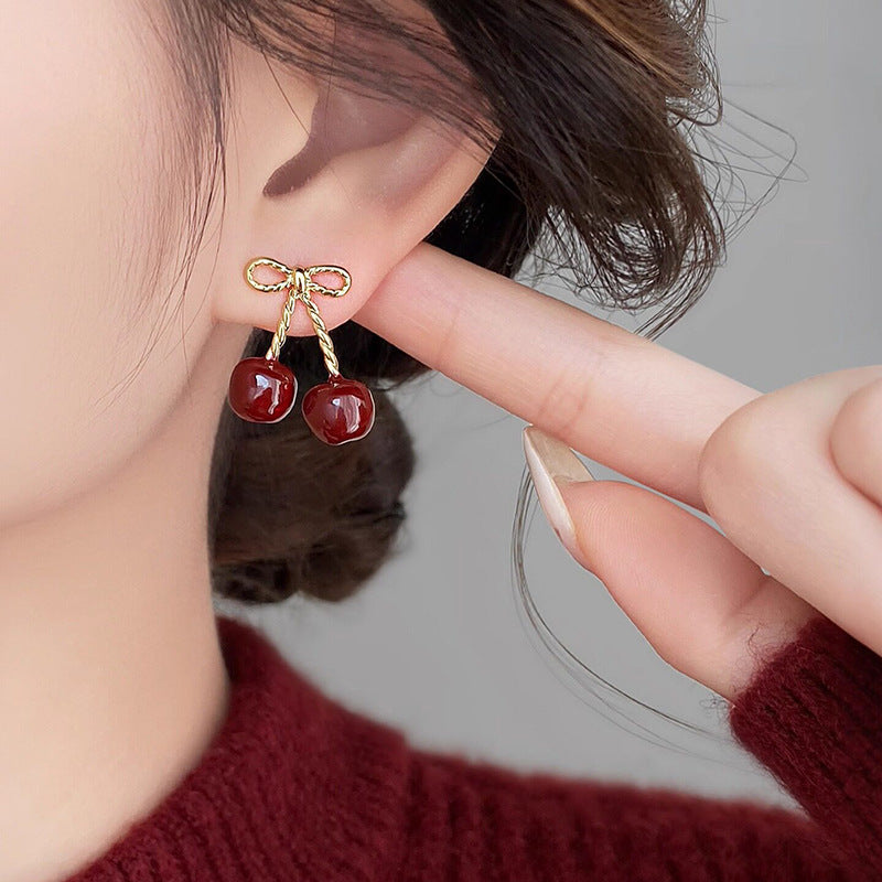 Cherry Bowknot Resin Stud Earrings with Steel Posts for Women, Minimalist Vintage Fashion Style