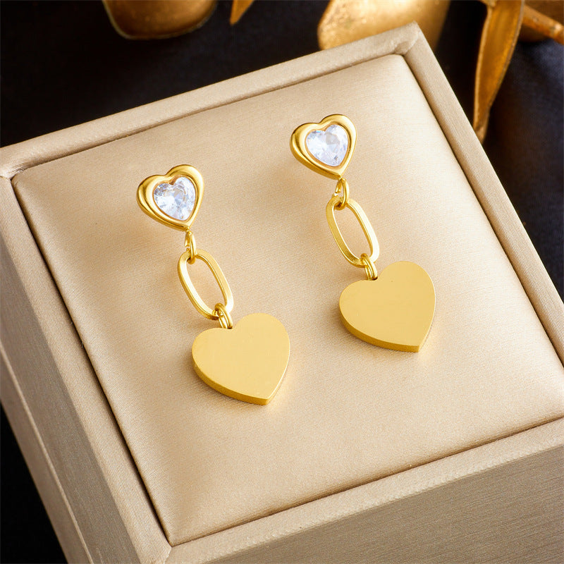 Minimalist Vintage Heart-Shaped Titanium Steel Gold-Plated Pendant Earrings with Rhinestone Inlay