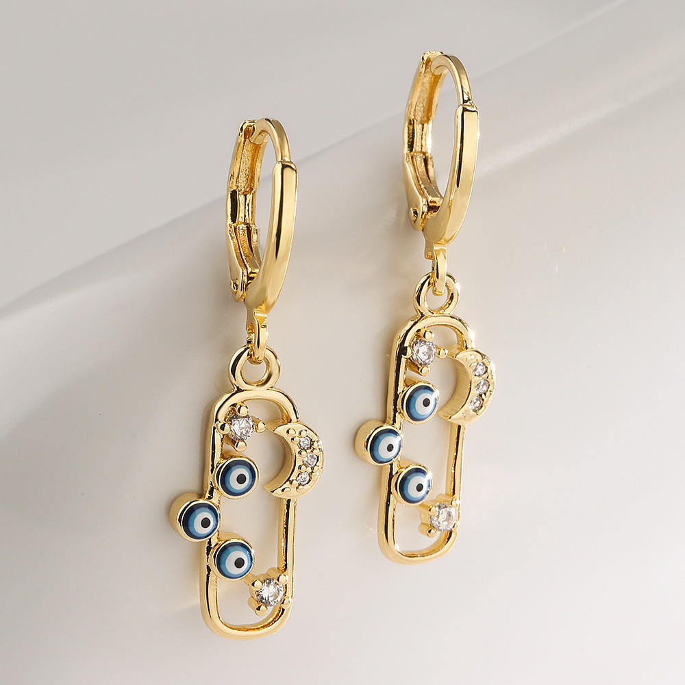 Geometric Star Moon Eye Earrings in Copper with Real Gold Plating and Zircon Inlay