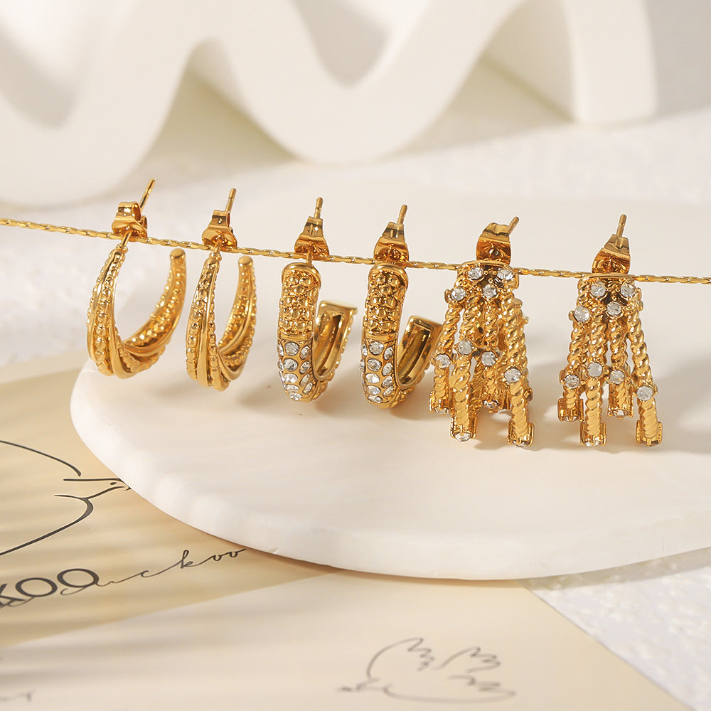 Geometric Stainless Steel Earrings with Zircon Inlay and Vacuum Gold Plating for Women