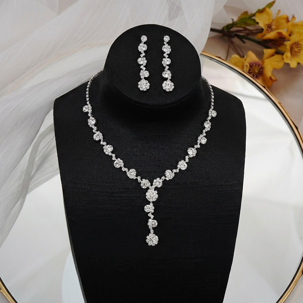 Vintage Elegant Full Rhinestone Inlaid Heart Teardrop Brass Necklace and Earring Set for Women