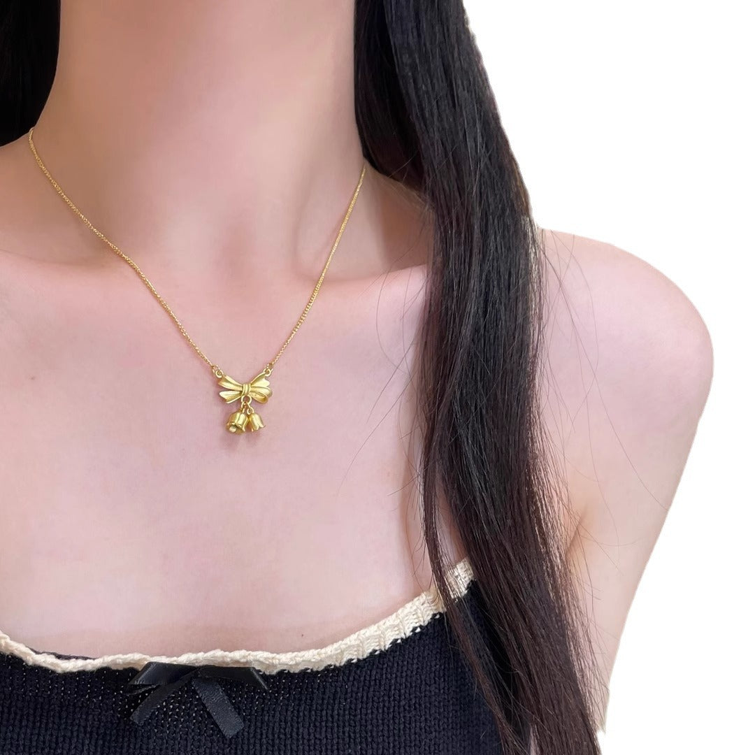 Original Design Floral Bow Knot Orchid Pendant Necklace for Women and Men in Titanium Steel with Plated Finish and O-Chain