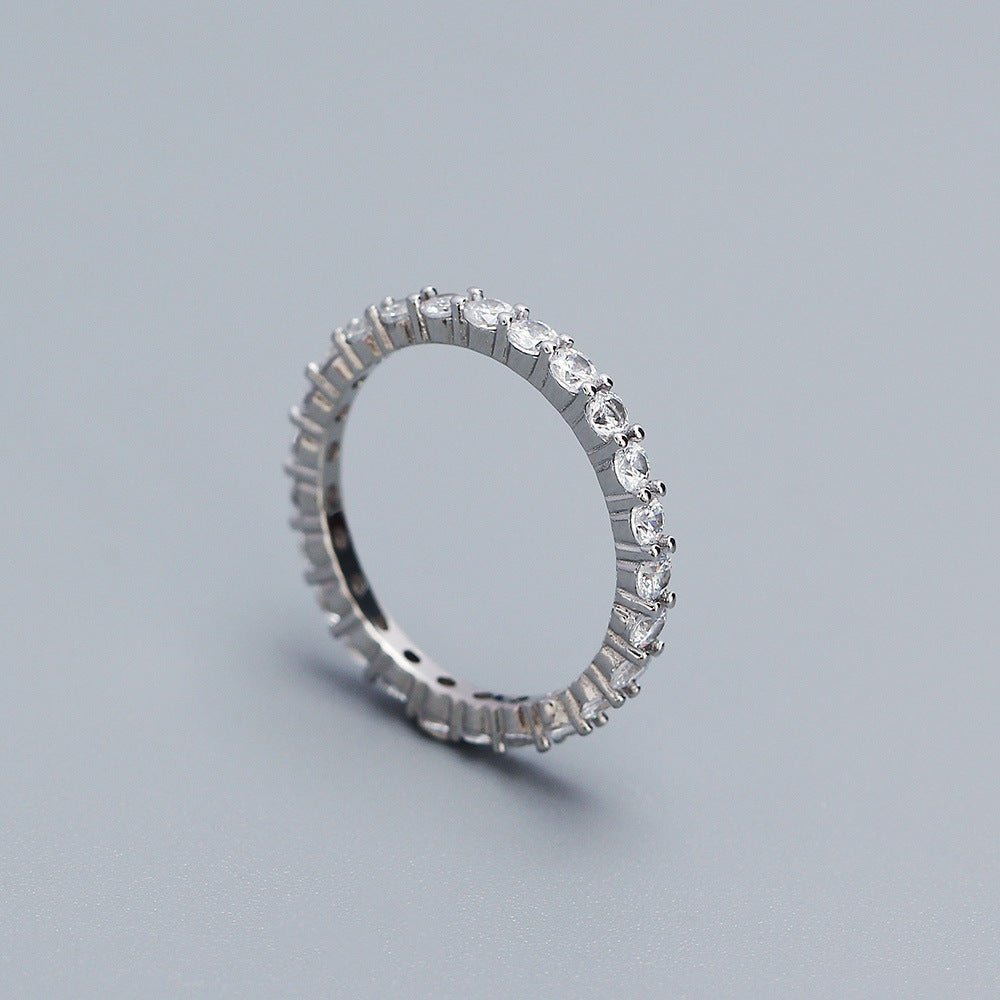 Minimalist Geometric Ring for Women in 925 Sterling Silver with Full Round Rhinestone Inlay