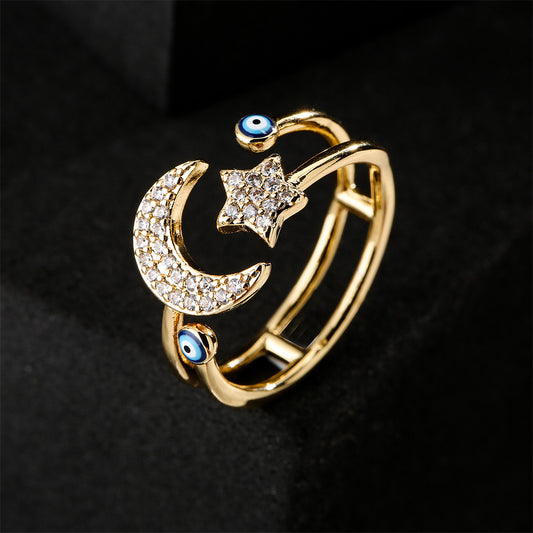 Anello Aperto Geometrico Minimalista con Occhio di Allah Smaltato in Rame da Donna