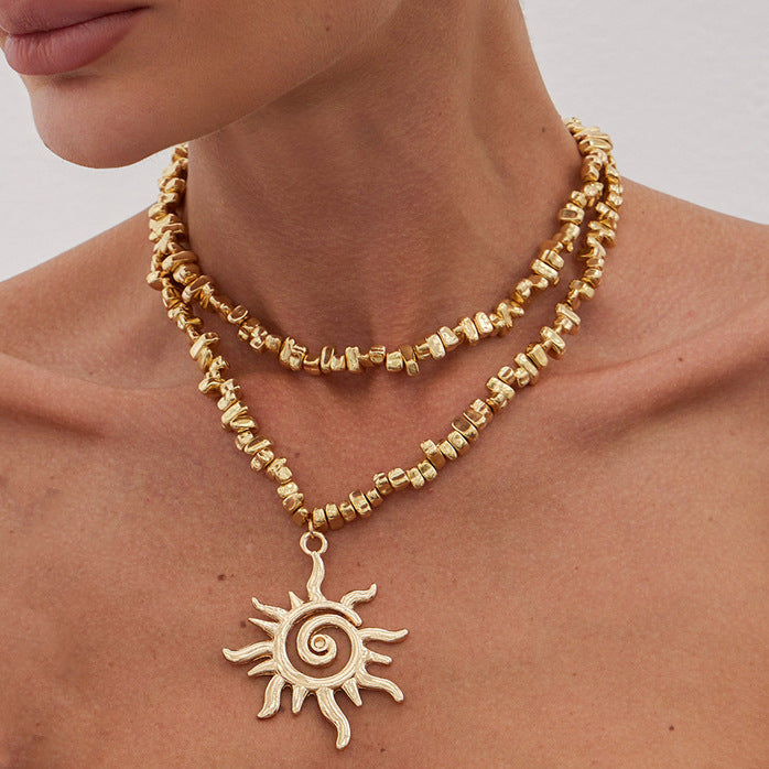 Hammered Sun Geometric Alloy Plated Pendant Necklace with CCB Beads