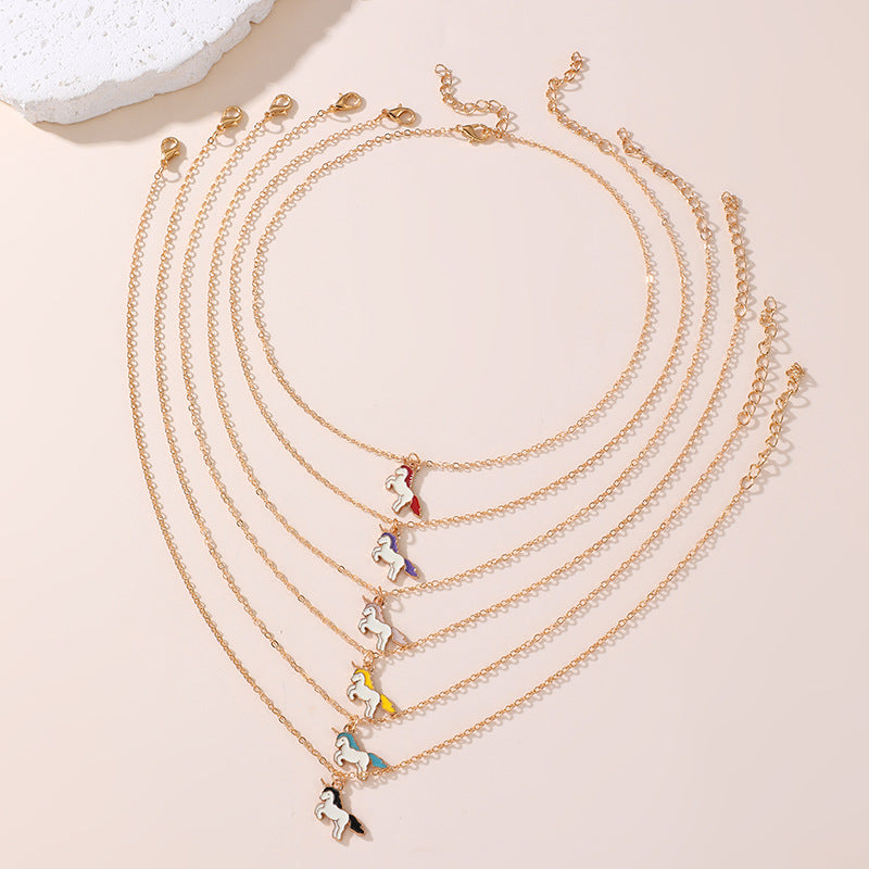 Set di Collane Minimaliste in Lega con Fiocco per Bambini con Ciondoli a Forma di Unicorno Smaltato e Cavallo Cartone Animato