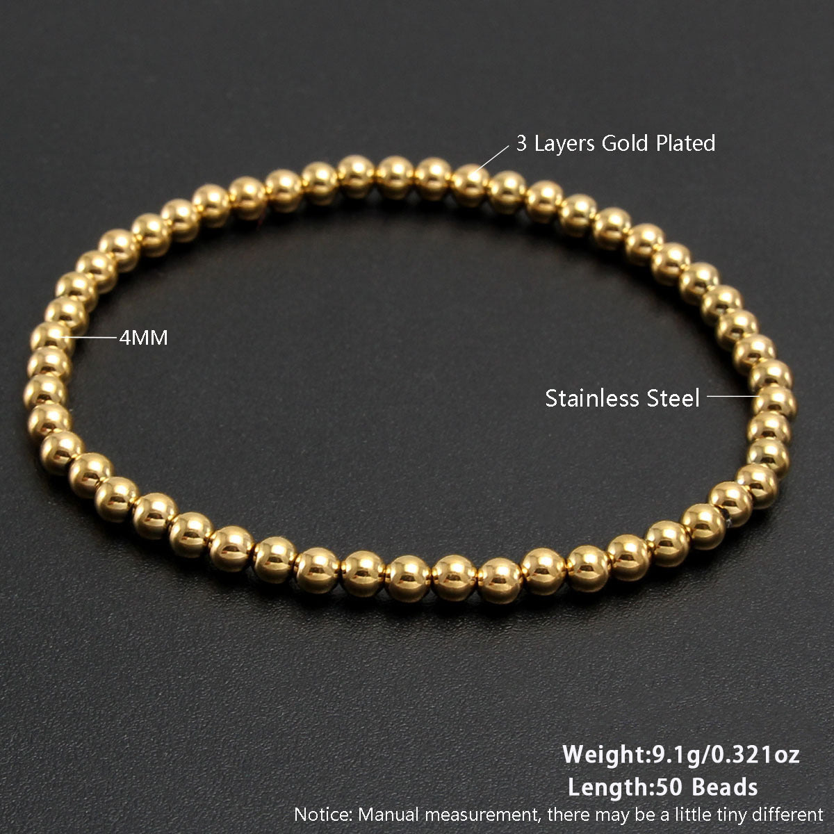 Gold Plated Stainless Steel Ball Chain Bracelet Unisex Elastic Beaded Hand String