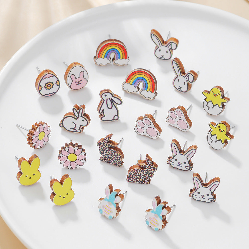 Cute Cartoon Animal Wood Stud Earrings Plated Rabbit Design for Kids