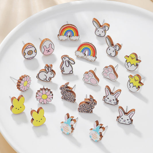 Cute Cartoon Animal Wood Stud Earrings Plated Rabbit Design for Kids