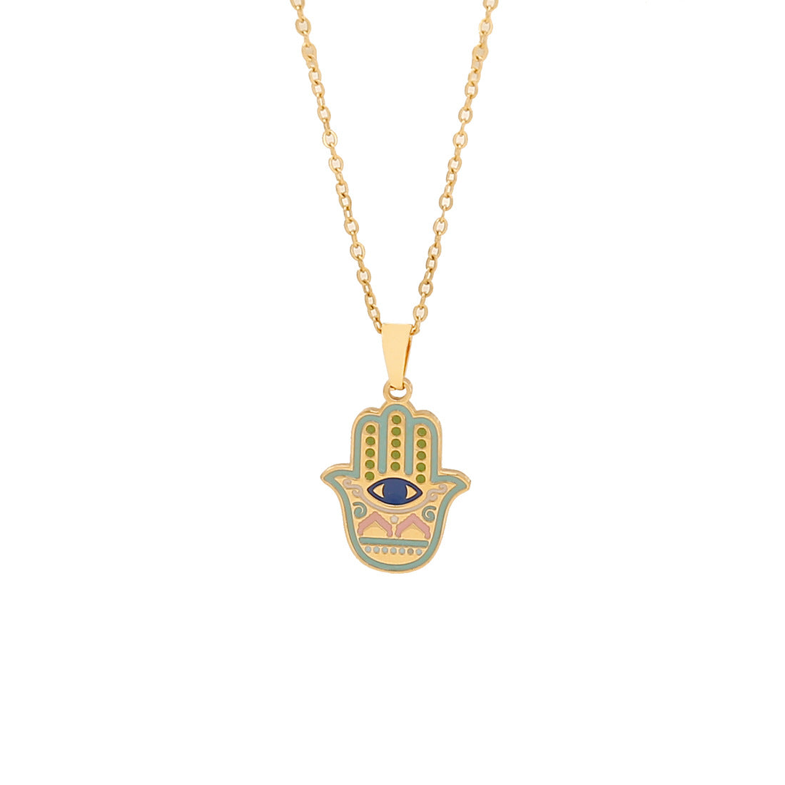 Minimalist Blue Enamel Eye Pendant Necklace with Hand Charm in Stainless Steel