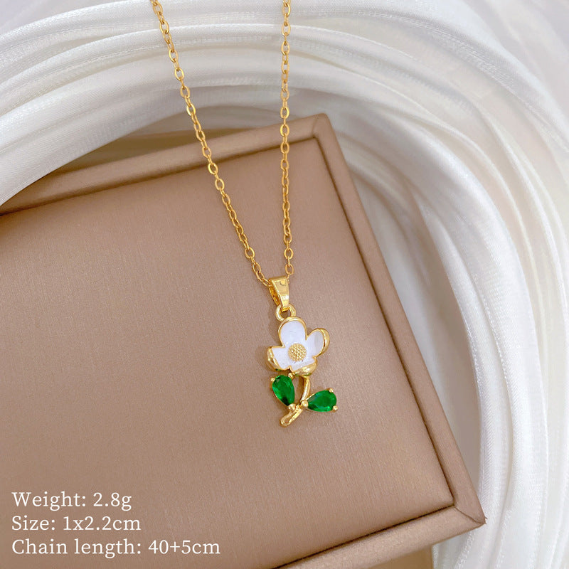 Minimalist Geometric Green Leaf and Floral Rhinestone Pendant Necklace in Titanium Steel with Enamel Finish for Women