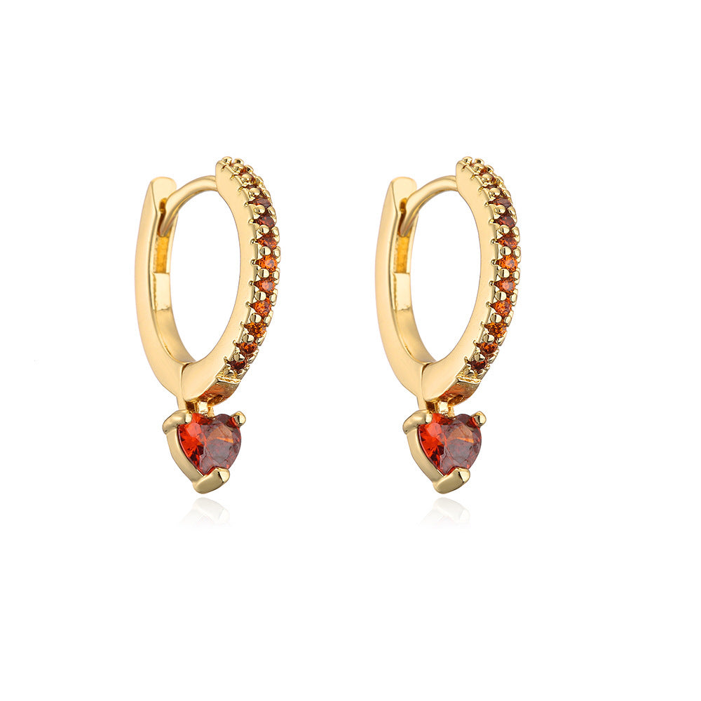 Geometric Heart-Shaped Copper Earrings with 18K Gold Plating and Zircon Inlay for Women