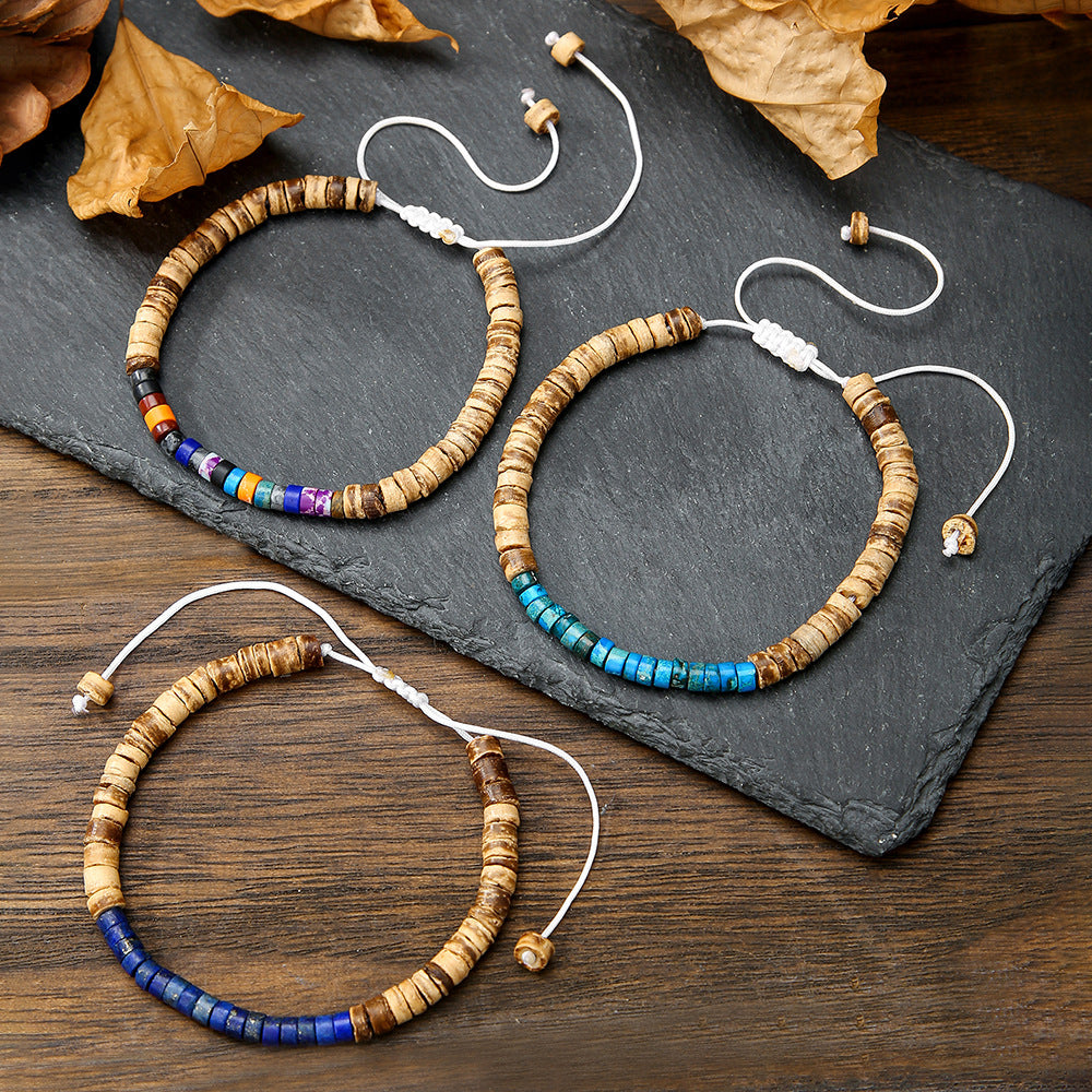 Fashion Round Wood and Natural Gemstone Beaded Bracelet for Unisex