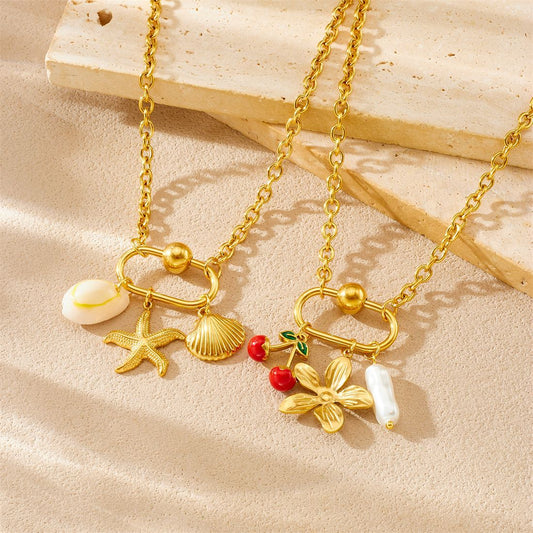 Gold Plated Drip Oil Stainless Steel Plant Pendant Necklace with Cable Chain for Women