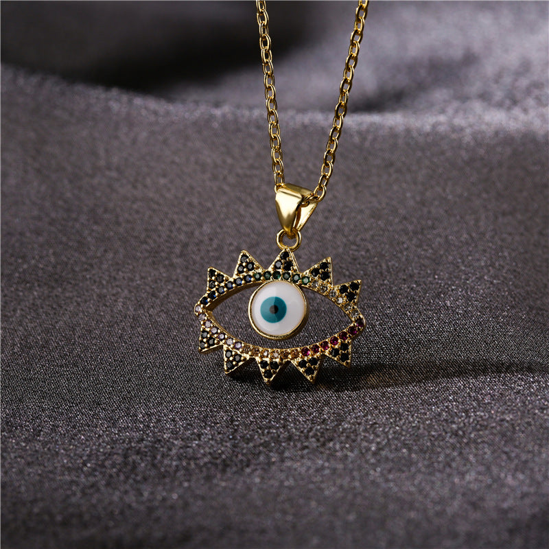 Geometric Brass Evil Eye Pendant Necklace with Micro-Inlaid Cubic Zirconia for Women