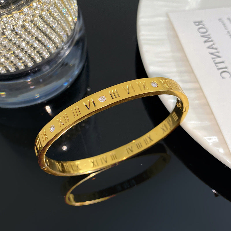 Luxury Roman Numeral Geometric Rhinestone Inlay Titanium Steel Plated Bracelet
