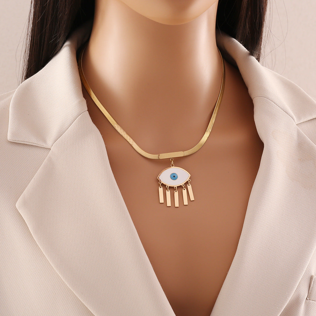 Minimalist Eye Pendant Necklace in Stainless Steel with Electroplating - Flat Snake Chain Collarbone Jewelry for Women