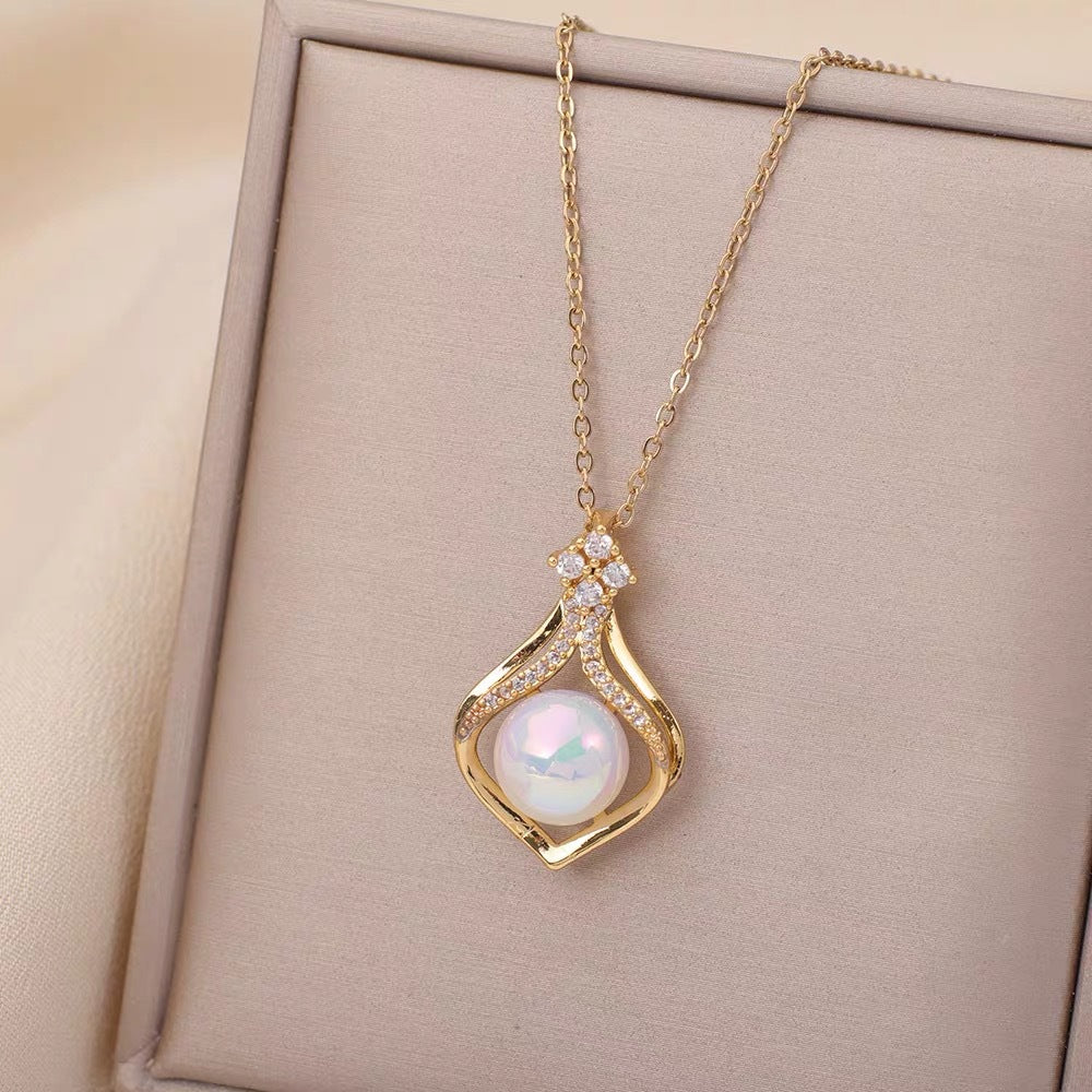 Elegant Minimalist Geometric Pendant Necklace for Women Titanium Steel Clavicle Chain with Hollow Pearl Accent and Rhinestone Inlay