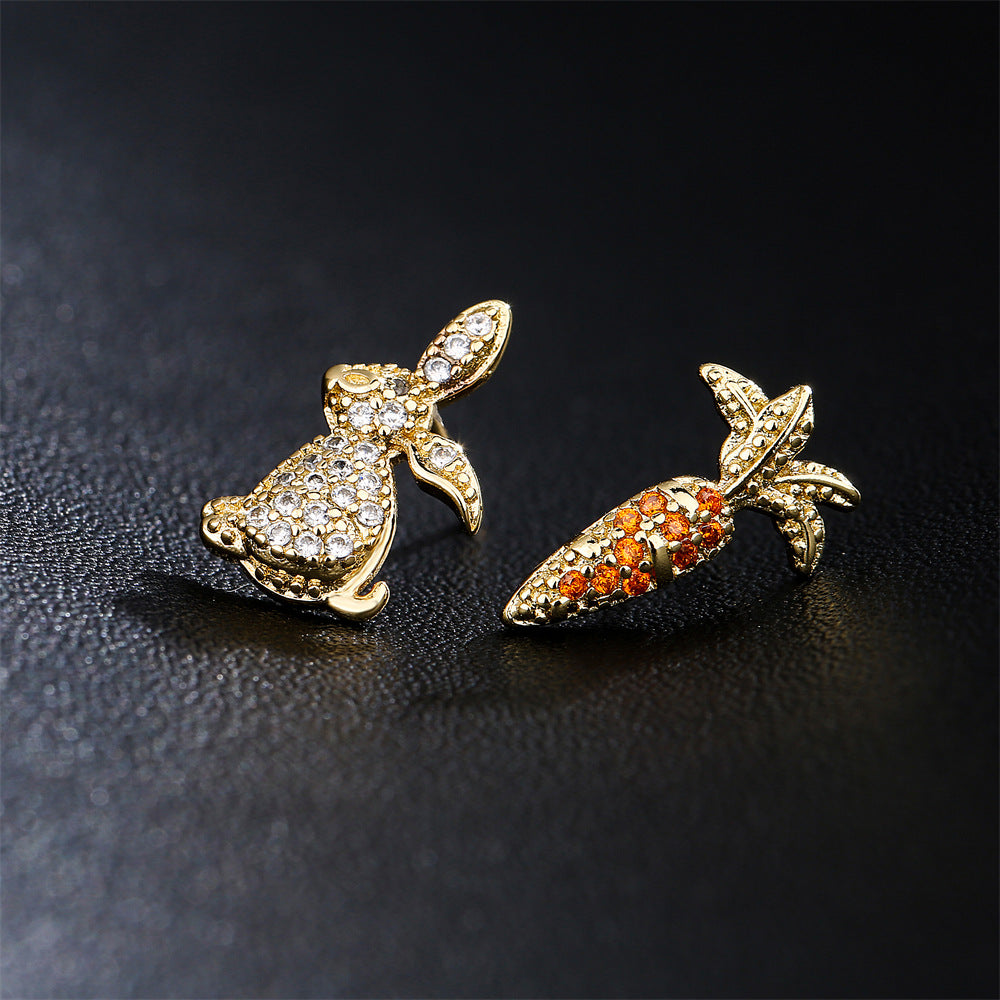 Cute Rabbit and Carrot Shape Stud Earrings in Copper with 18K Gold Plating and Zircon Inlay