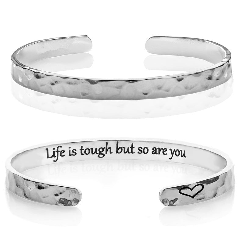 Minimalist Stainless Steel Engraved Open Moon Surface Textured Hammered Bracelet
