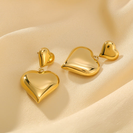 Ins Style Heart-Shaped Pendant Earrings with Double-Layer Love Heart Design, 18K Gold Plated Stainless Steel