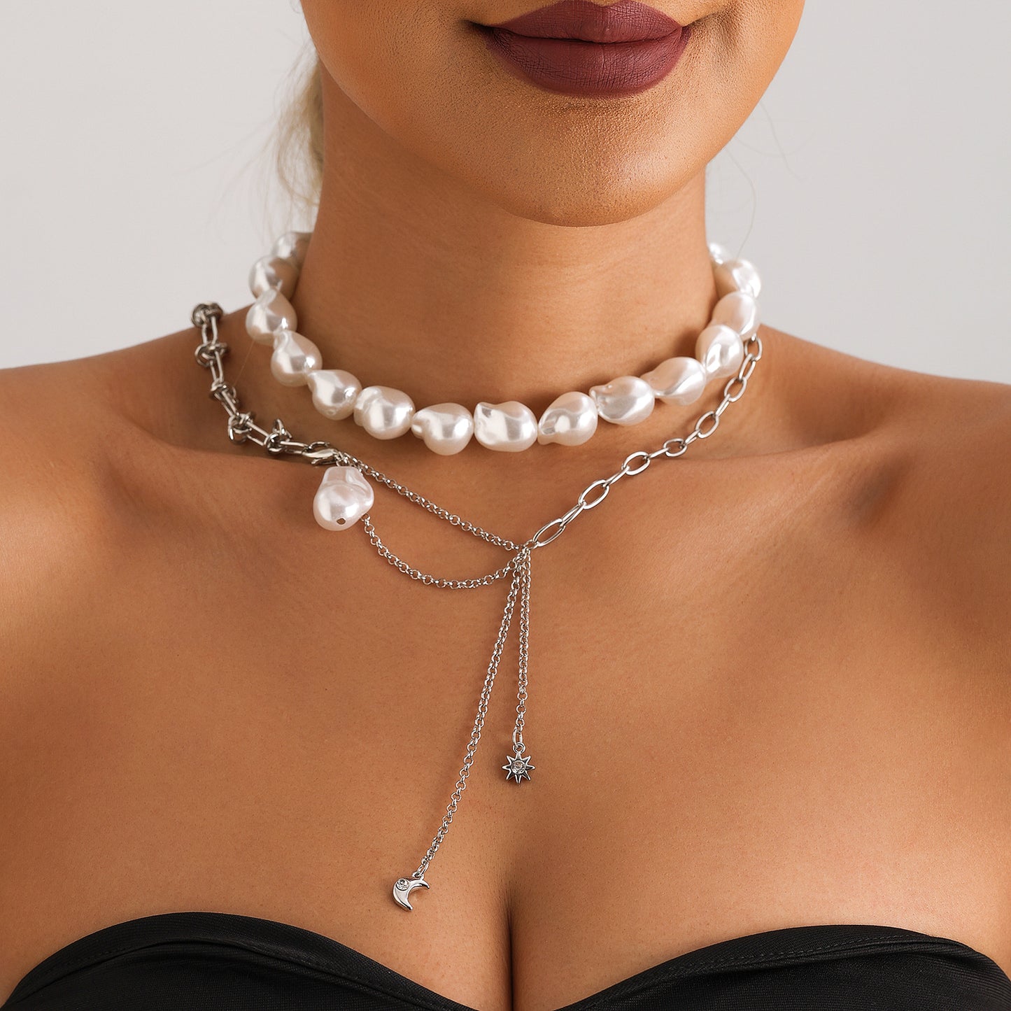 Minimalist Moon and Octagram Geometric Pendant Necklace for Women with Imitation Pearl and Alloy Charm, Electroplated Clavicle Chain