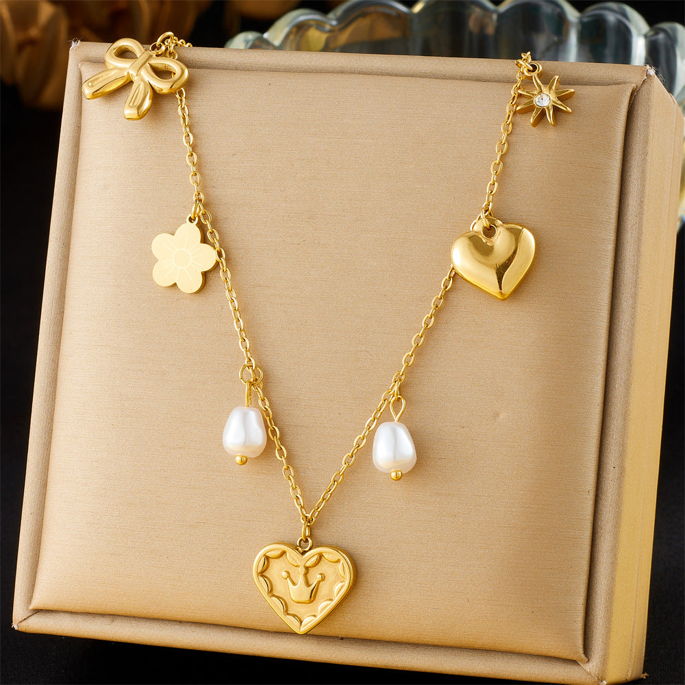 Minimalist Fashion Heart Crown Bowknot Pearl Necklace in Stainless Steel with Plating Finish on O-Chain for Women