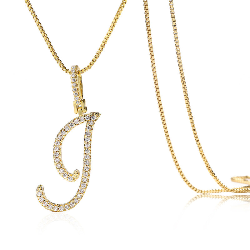 Minimalist Geometric Letter Pendant Necklace in Brass with Micro-Pavé Setting on Box Chain