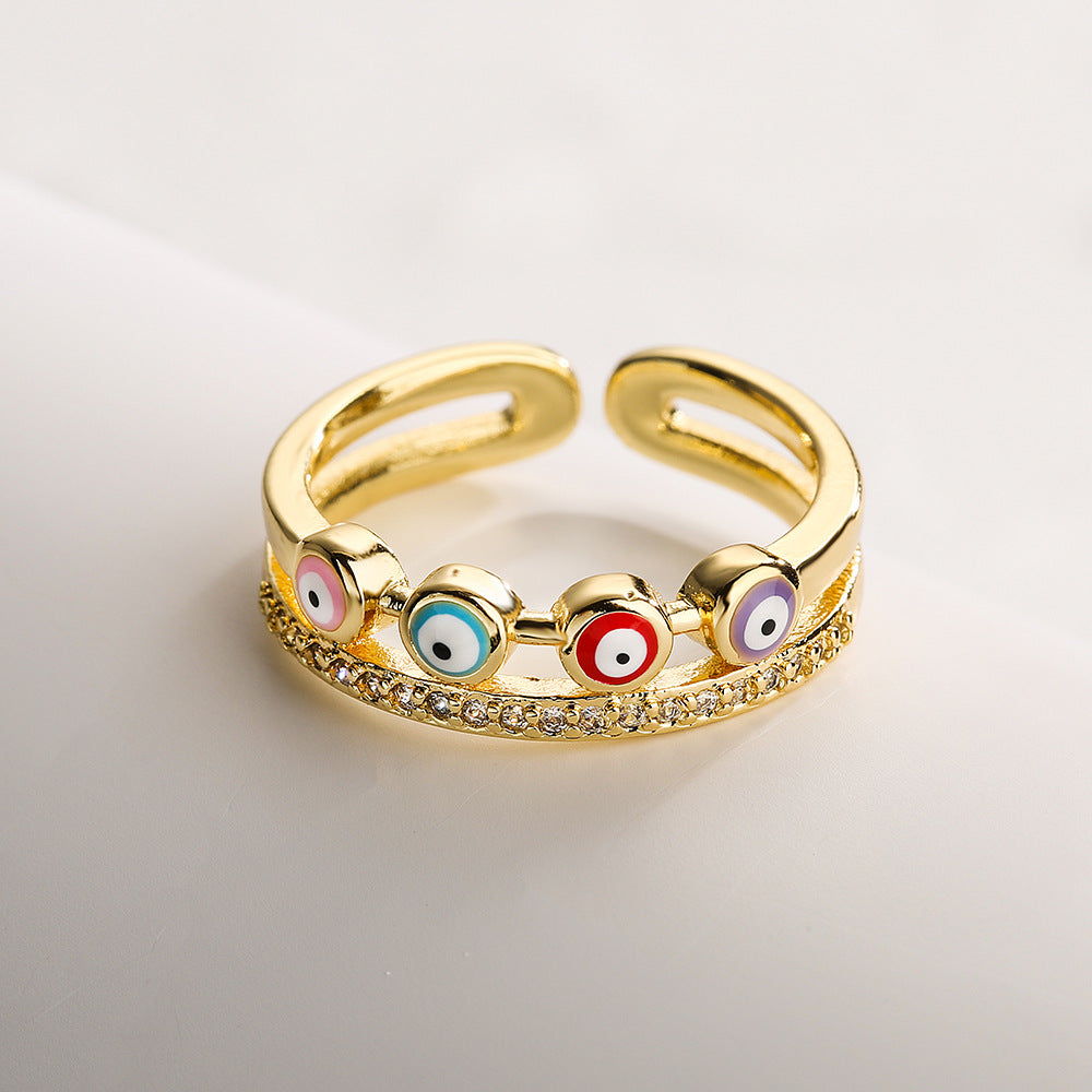 Geometric Open Eye Ring for Women with Copper Base Plated in 18K Gold and Enamel Finish Featuring Evil Eye Design
