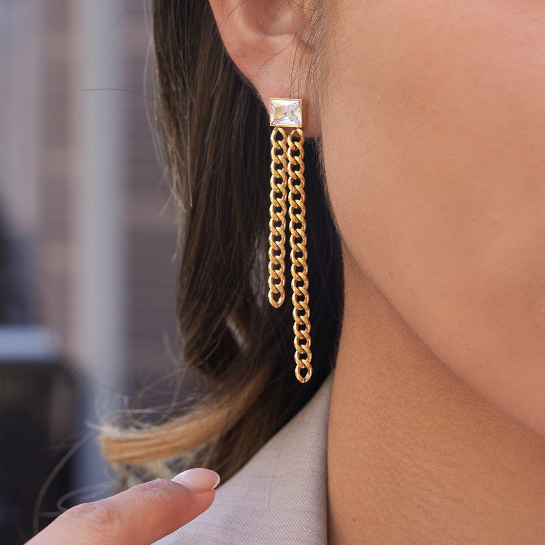 Pendientes Geométricos de Flecos de Acero Inoxidable con Acentos de Pedrería, Joyas Ligeras de Lujo Galvanizadas para Mujer