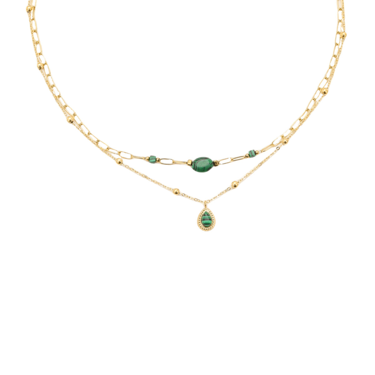 Collar de Acero Inoxidable Minimalista y Moderno con Baño de Oro, Colgante de Turquesa Natural y Diseño de Doble Cadena para Mujer