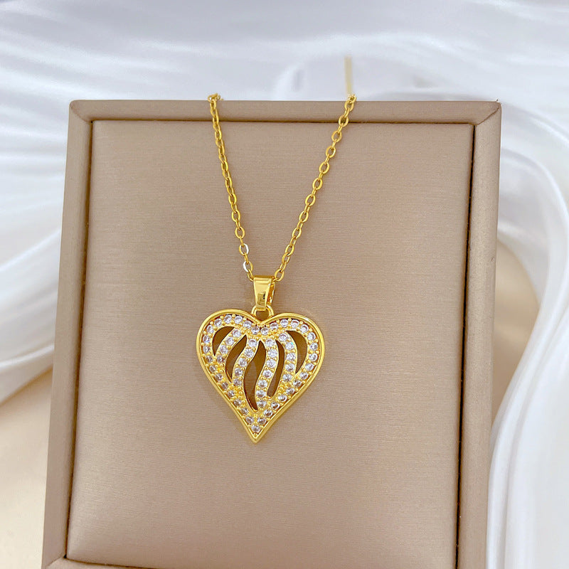 Minimalist Heart-Shaped Titanium Steel Necklace with Full Rhinestone Inlay for Women, Delicate Hollow-Out Pendant on Stainless Steel Chain