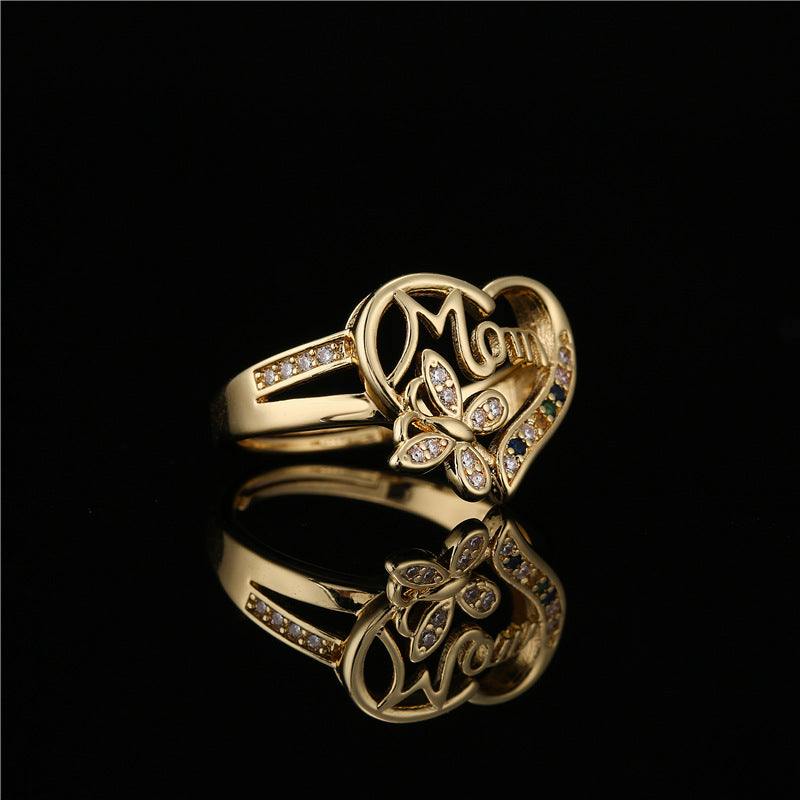 Sweet 18K Gold Plated Geometric Heart Micro-inlaid Brass Ring for Women