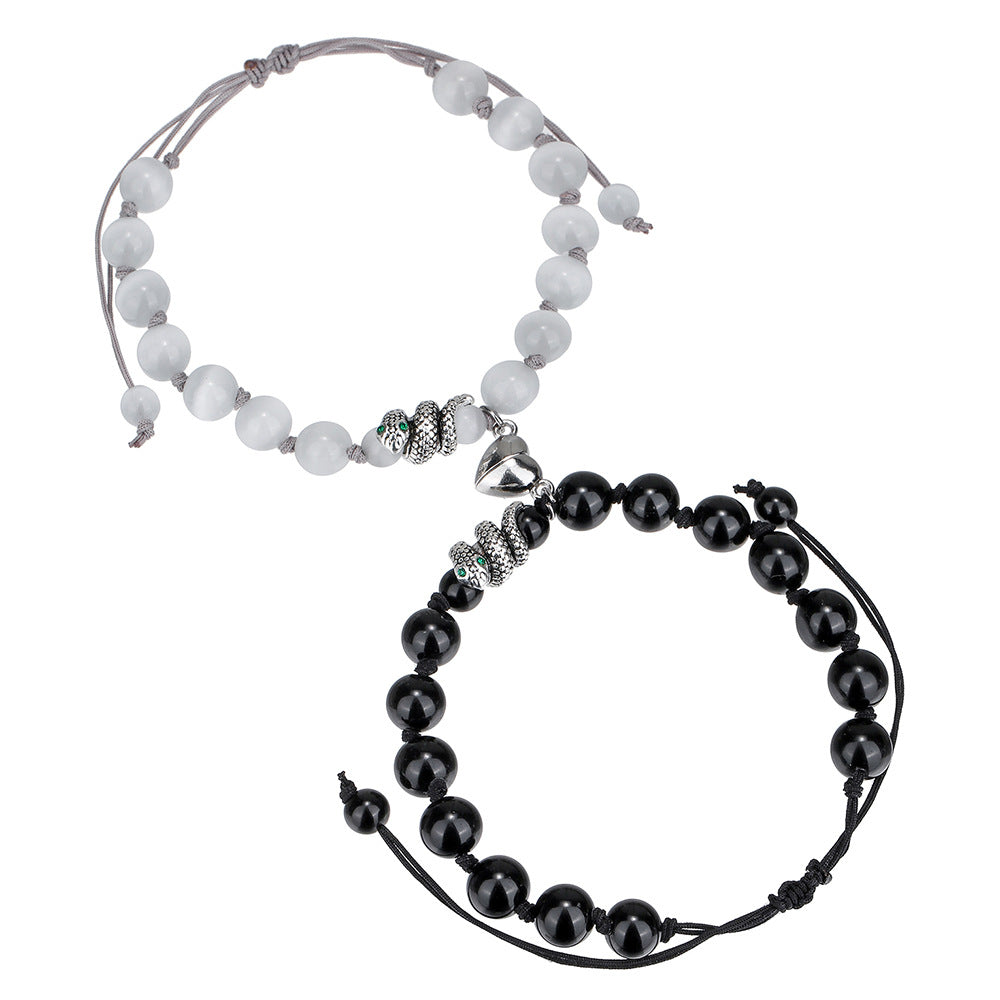Geometric Round Black Agate Beaded Snake Chain Bracelet with Magnetic Heart Clasp for Unisex