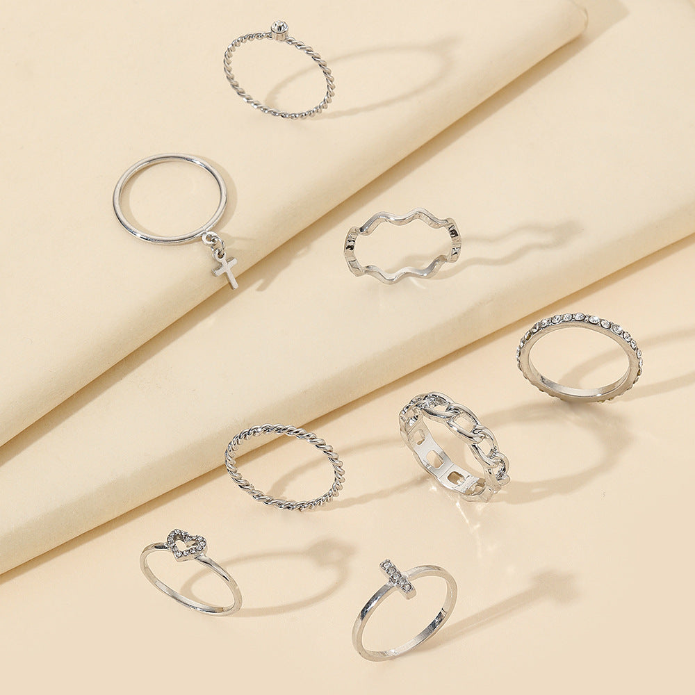 Minimalist Sweet Silver Plated Geometric Cross Heart Crystal Rhinestone Ring Set for Women