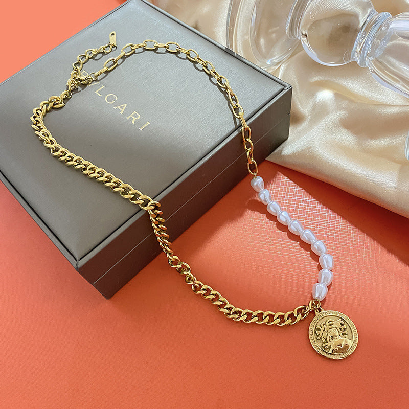 Baroque Geometric Gold Plated Titanium Steel Necklace with Pearl Beads for Unisex