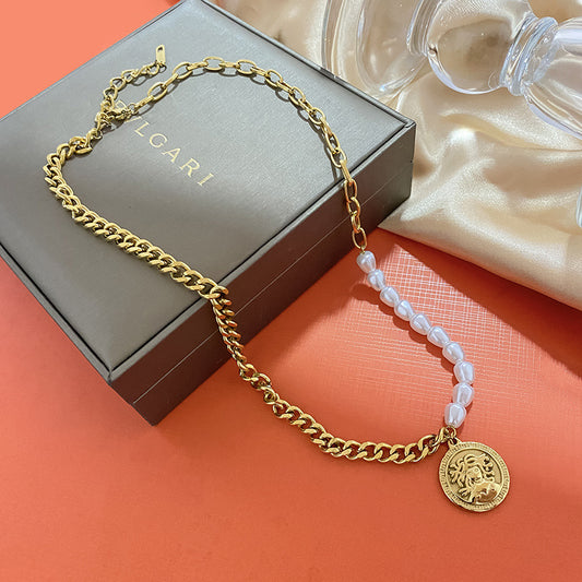 Baroque Geometric Gold Plated Titanium Steel Necklace with Pearl Beads for Unisex