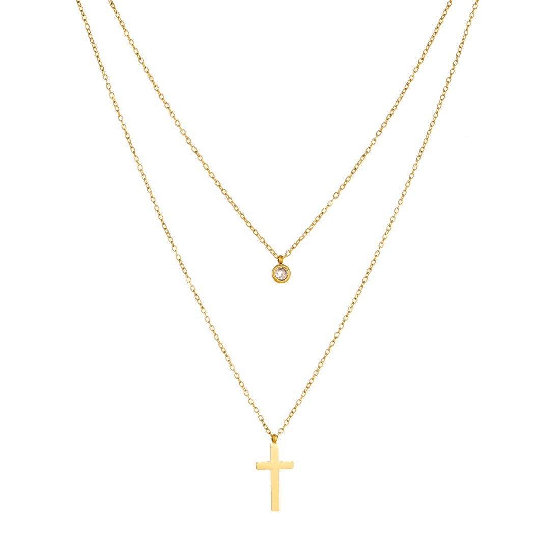 Streetwear Gold Plated Stainless Steel Round Rhinestone Cross Pendant Necklace