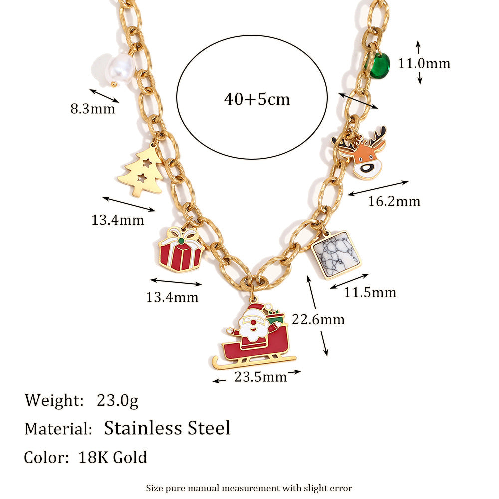 Bonito Collar con Colgante de Personaje de Dibujos Animados en Acero Inoxidable con Baño de Oro de 18K, Cadena Hecha a Mano, Diseño Temático Navideño para Mujeres