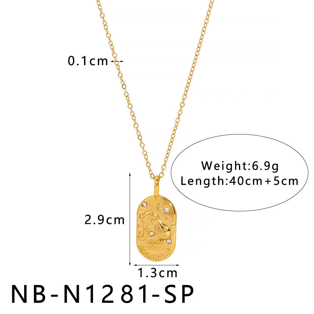Minimalist Square Zodiac Pendant Necklace in Stainless Steel with Rhinestone Inlay and 18K Vacuum Plating for Women