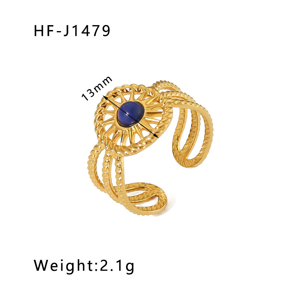 Vintage Geometric Round Emerald Green Natural Stone Stainless Steel Ring with 18K Gold Plating