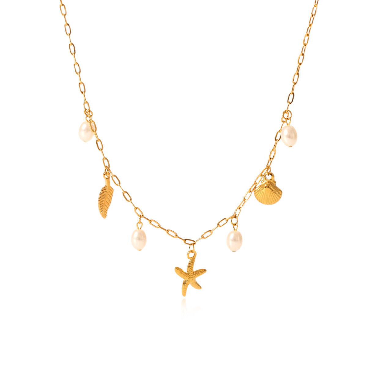 Collana con ciondolo a stella marina e conchiglia, ispirata all'oceano, in acciaio inossidabile con finitura placcata, per donna