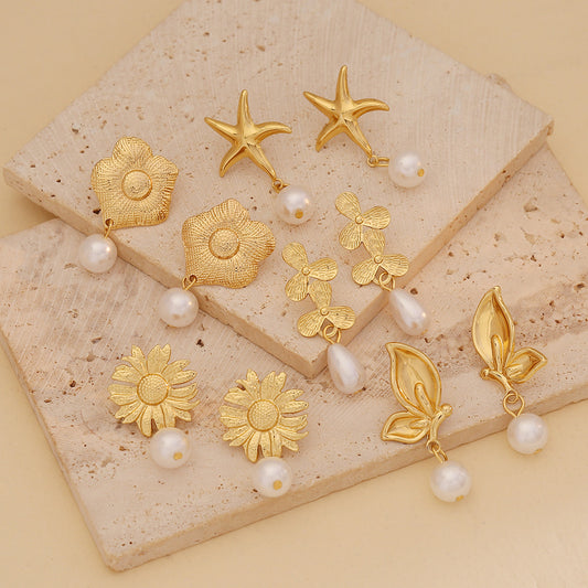 Pendientes de acero inoxidable minimalistas con diseño floral y motivo de girasol, chapados, para mujer