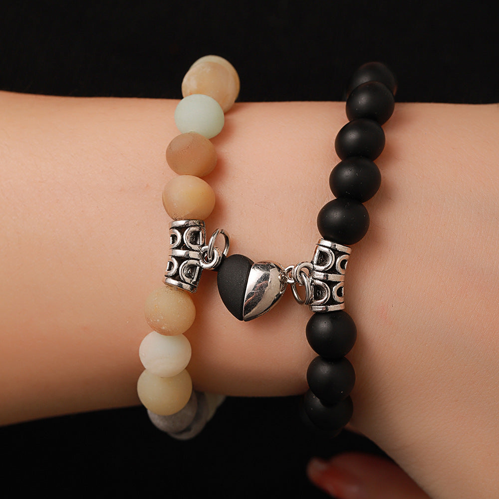 Geometric Round Heart Alloy Stone Magnetic Couple Bracelet