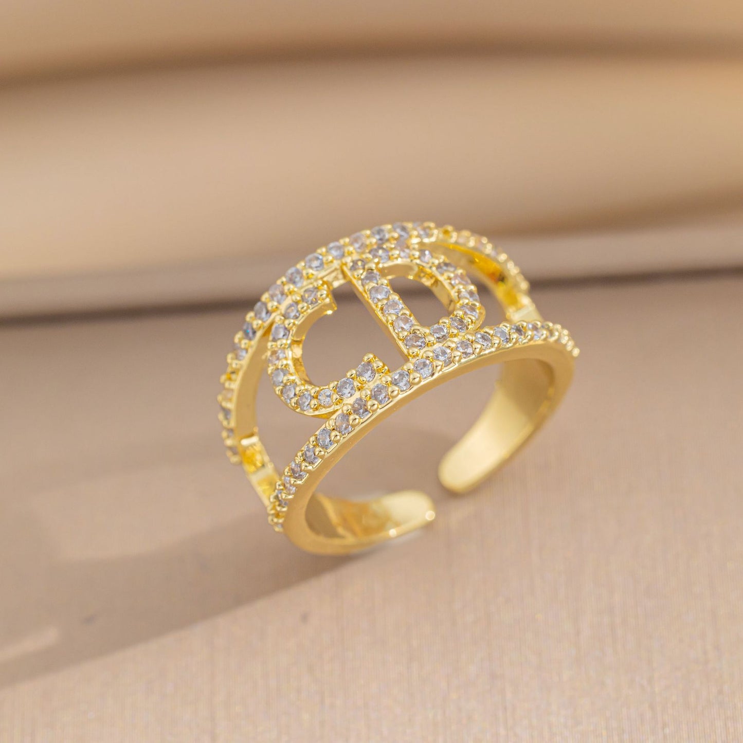 Luxury Minimalist Adjustable Open Ring for Women with Gold-Plated Copper Band and Zircon Stone Accent in Heart and Floral Shape