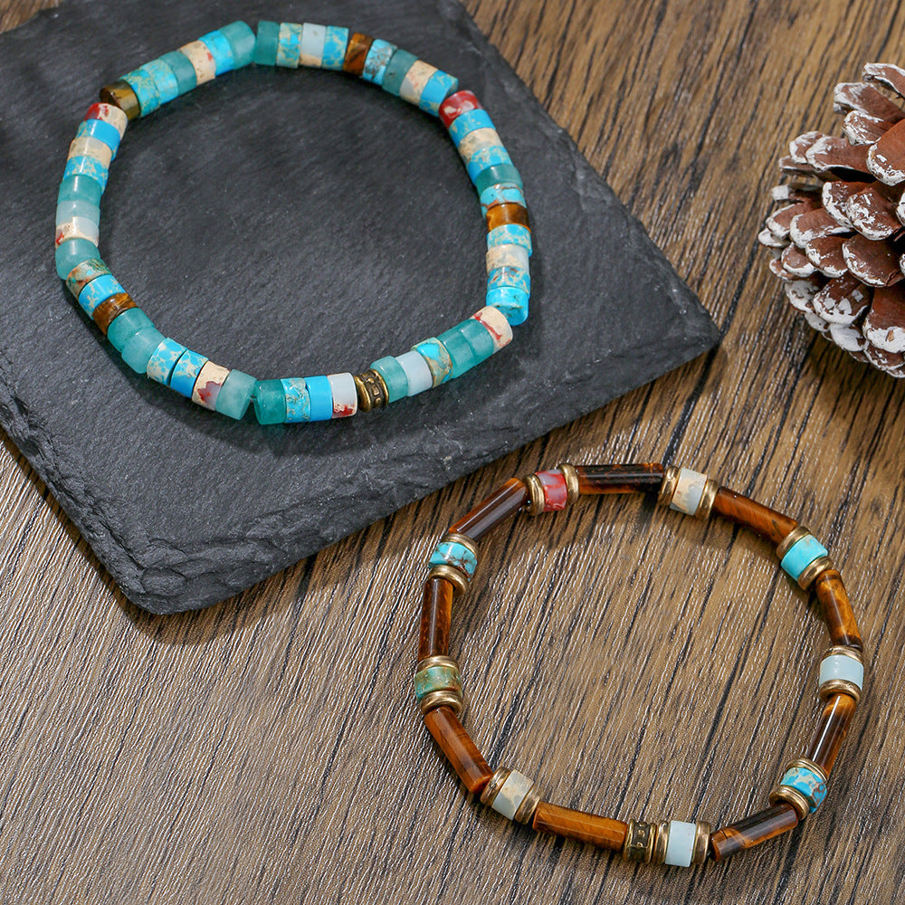 Vintage Round Wood Bead Bracelet Set with Turquoise Inlay for Unisex