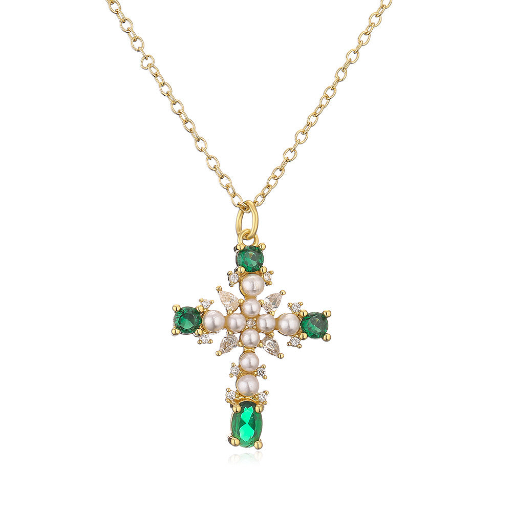 Minimalist Geometric Pendant Necklace for Women with Copper Base Plated in 18K Gold Micro-Paved Zirconia and Pearl Accent