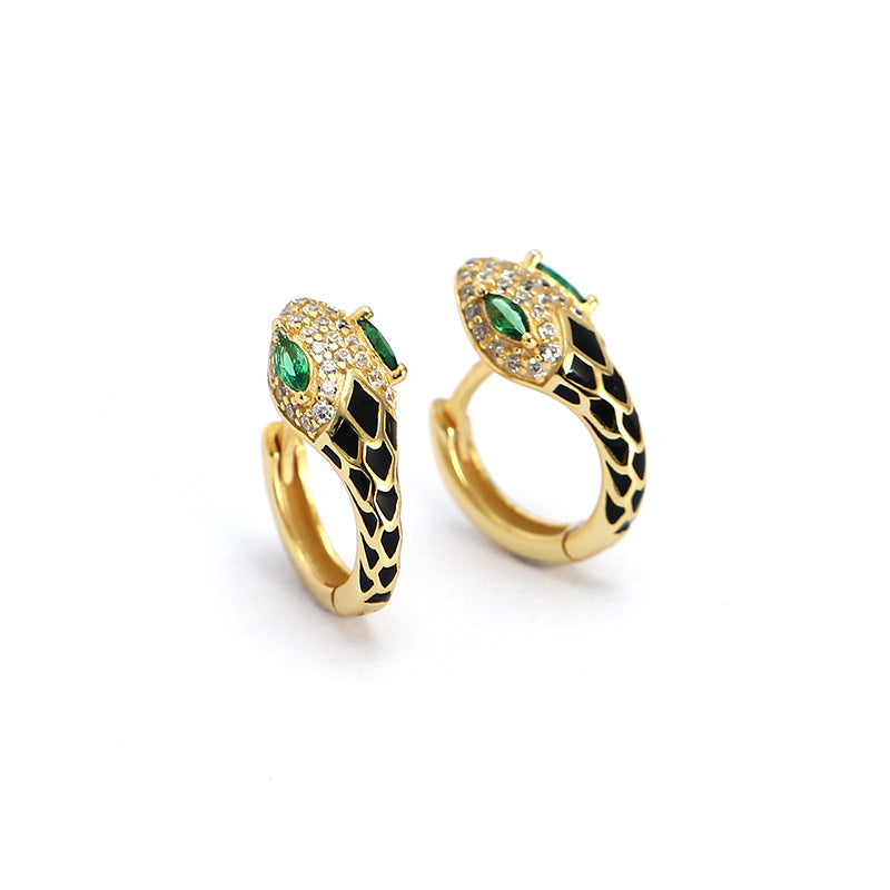 Minimalist Snake-Shaped S925 Sterling Silver Stud Earrings with Rhinestone Inlay and Resin Drip Detail for Women