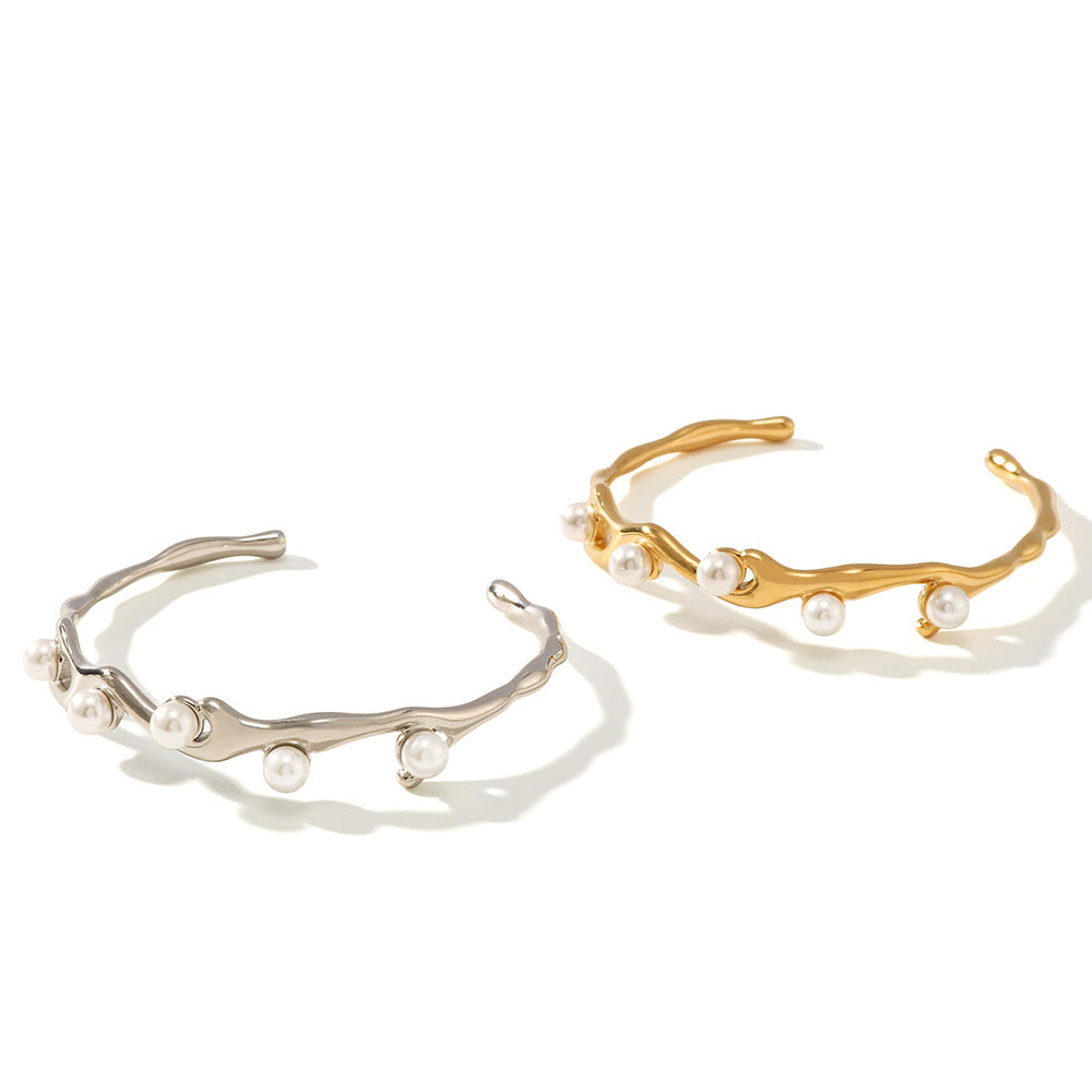Minimalist Vintage-Inspired Irregular Stainless Steel Open Bangle Bracelet for Women with Pearl Accent